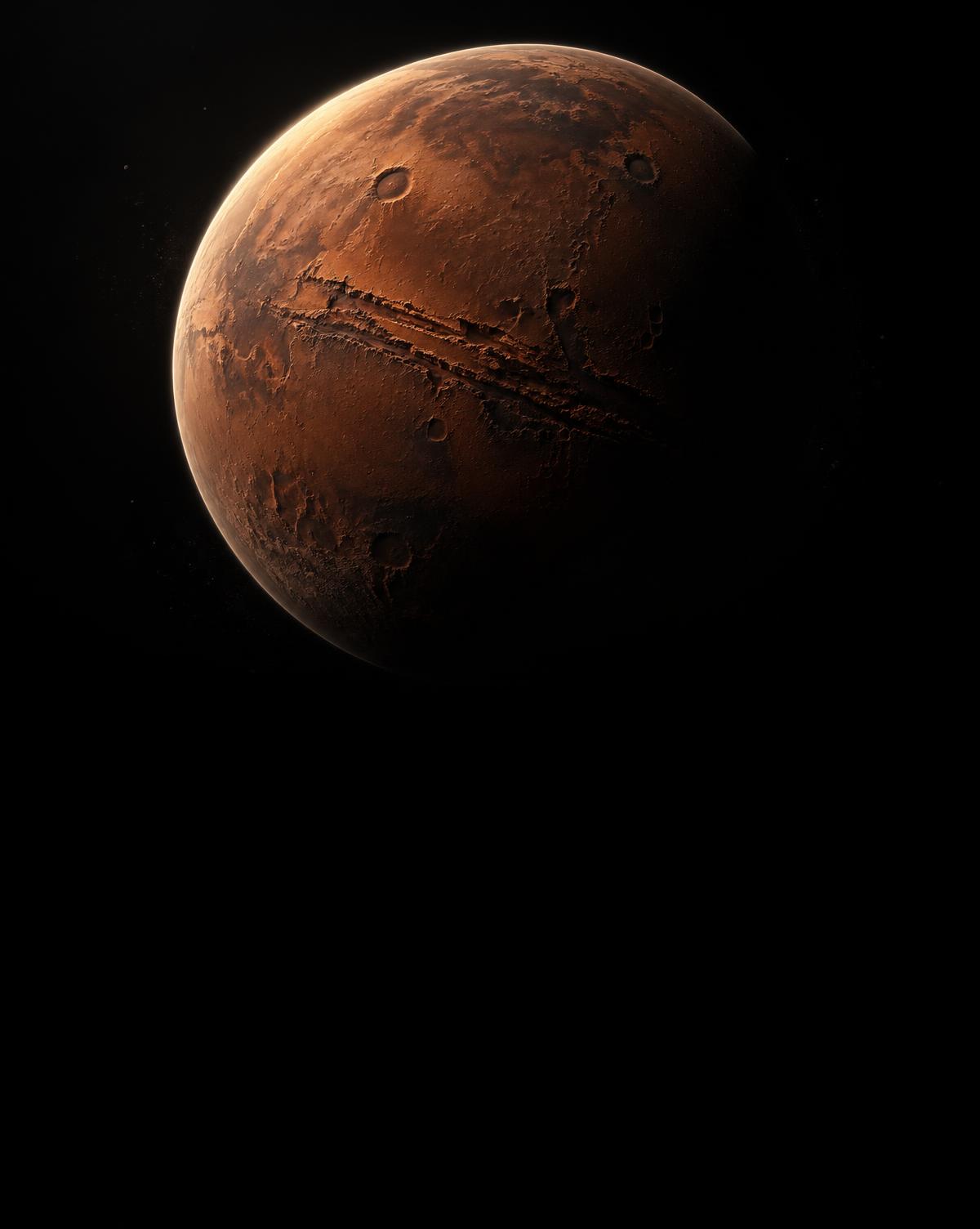Fictional rust-red exoplanet in deep space