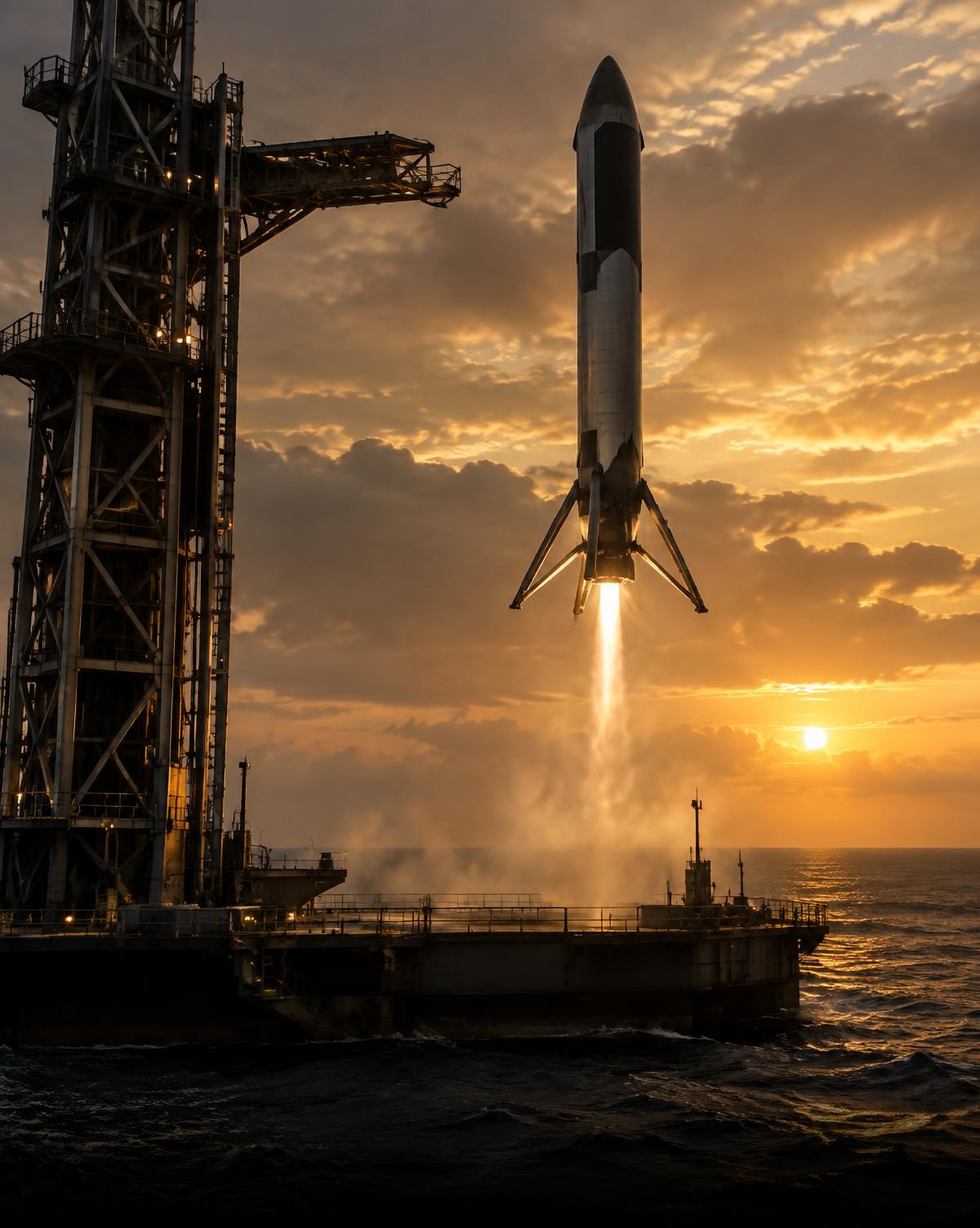 Fictional reusable aerospace vehicle above an ocean platform