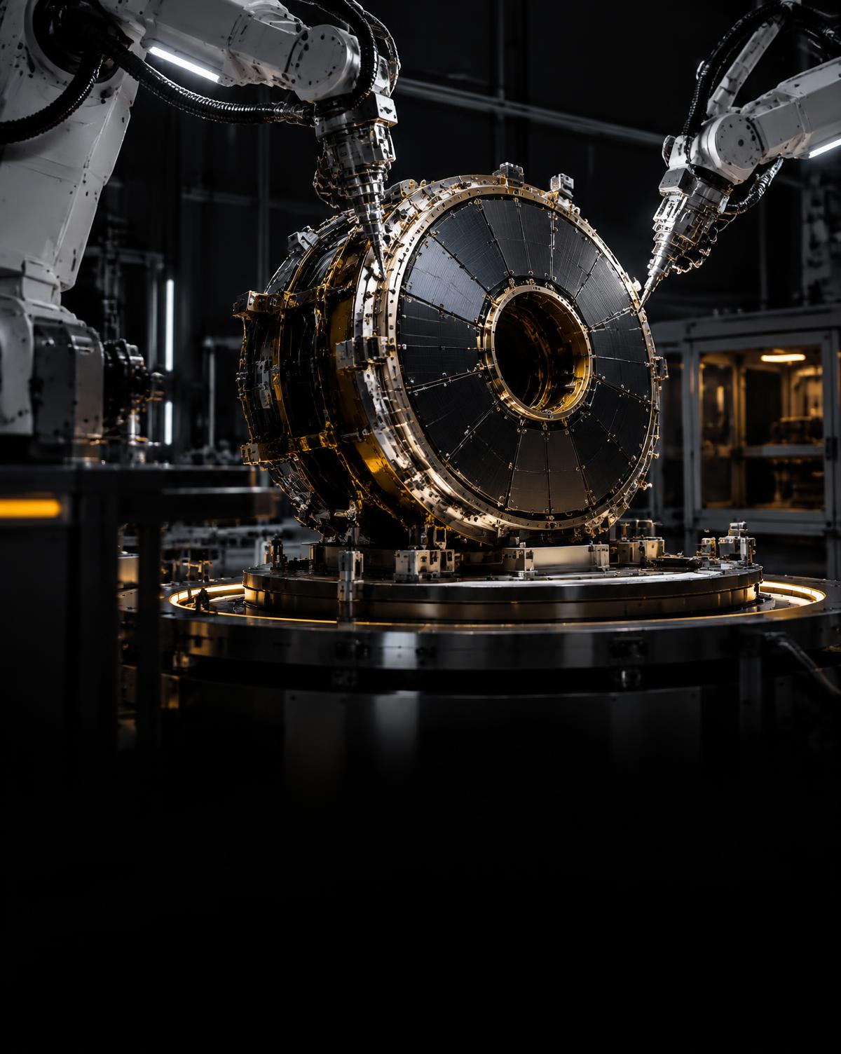 Robotic arms assembling a fictional satellite instrument